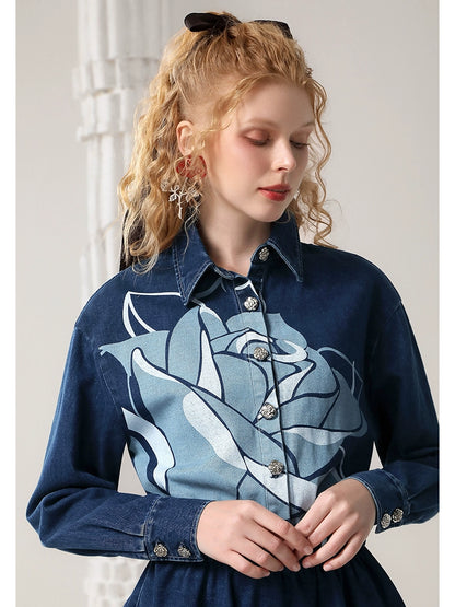 CHECOCRE Elegant Stubble Rose Print American Retro Denim Mini Dress - BETHANY