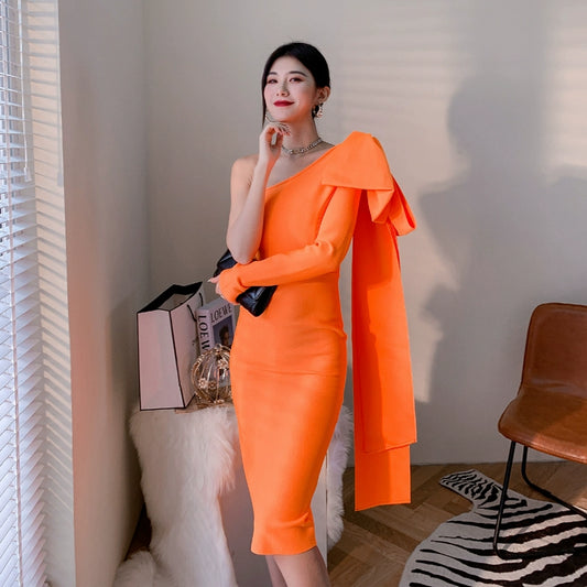 DOLLY Elegant Slant Collar Long Sleeve Bow Drape Body Hug Dinner Dress-CALA