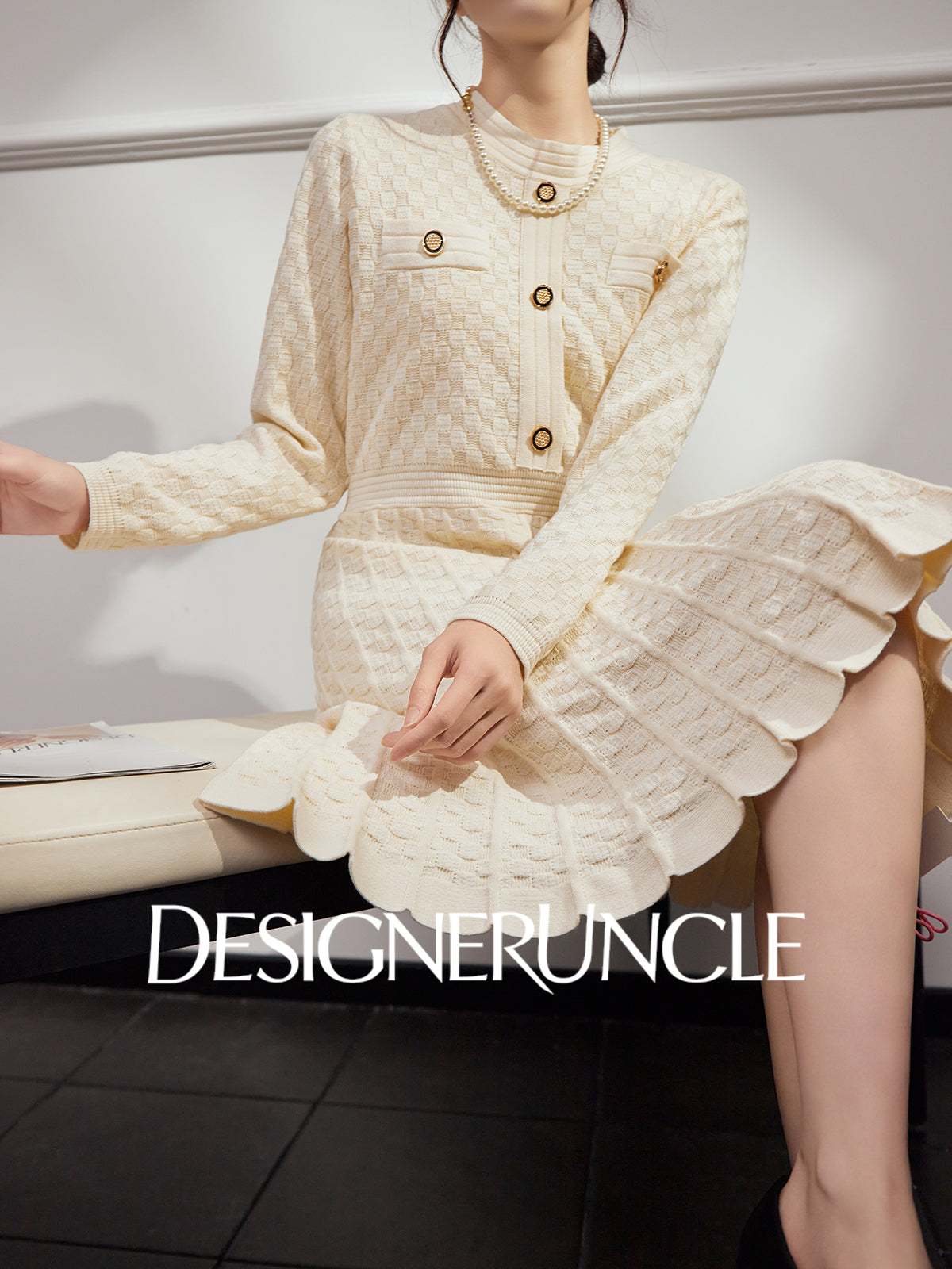 DGU "Suyu" apricot new knitted French elegant waist commuter skirt - Josephina.