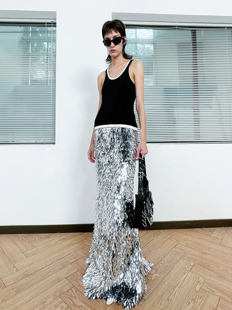 ANNAKIKI silver gray thorn sequin mermaid skirt skirt-CAROLINE