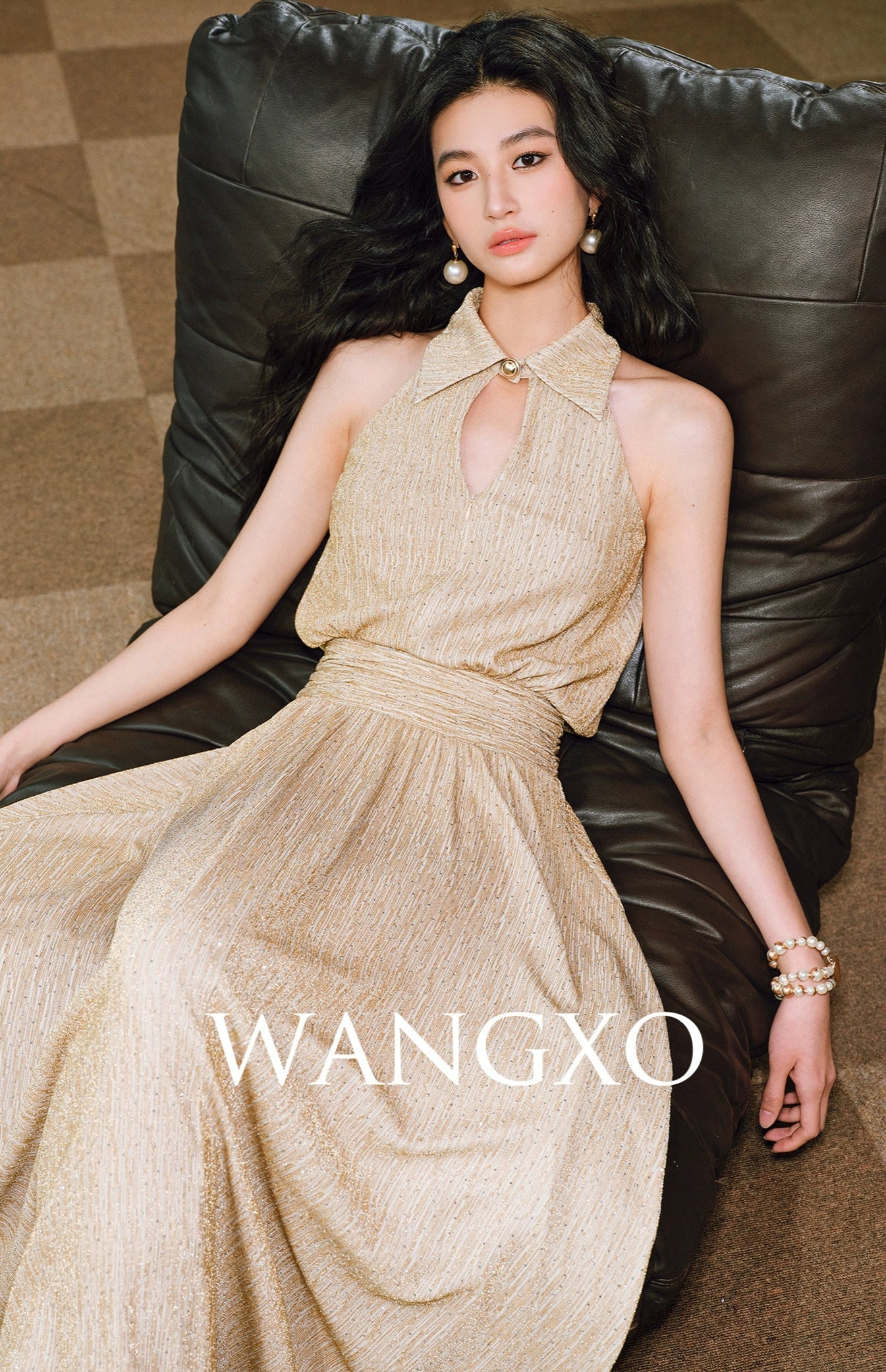 WANGXO | Extravagant Sparkling Meteor Diamond  Metallic Striped Umbrella Hem Sleeveless Dress -ZIVI