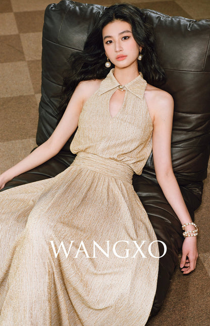 WANGXO | Extravagant Sparkling Meteor Diamond  Metallic Striped Umbrella Hem Sleeveless Dress -ZIVI