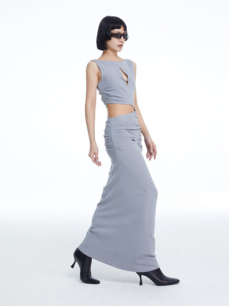 TINY IN knitted faux two-piece women's pleated long dress -CHARMY