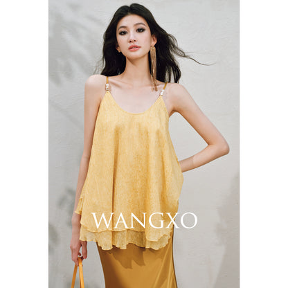 WANGXO | Silky Smooth Double-Sided Satin Top Glass Beaded Umbrella Hem Suspender Skirt Set -ELVA