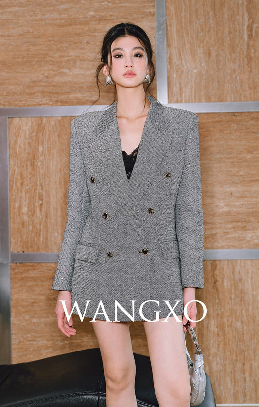 WANGXO | Sequin Twill Vintage Wide-Shoulder Double-Breasted Suit & Short Trousers-  MAYA.