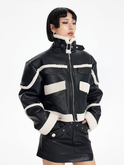 TINY IN black and white contrasting stitched fur leather biker jacket -MIKE