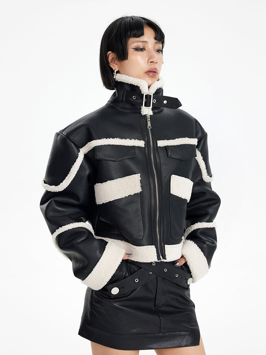 TINY IN black and white contrasting stitched fur leather biker jacket -MIKE