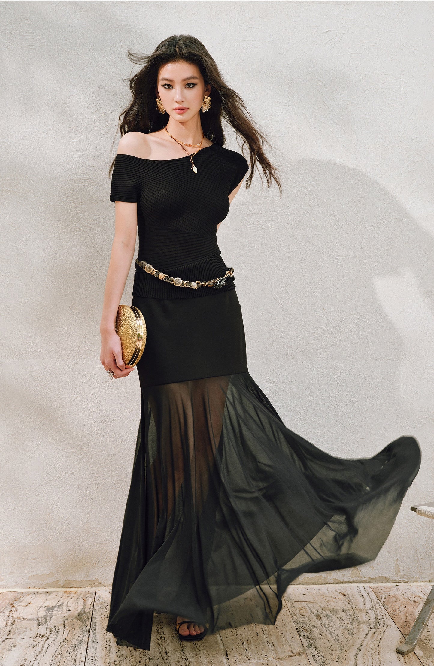 WANGXO | Twill Roman Knit with Lightweight Sheer Paneling  A-Line Hem Flowing Skirt  -RAYA