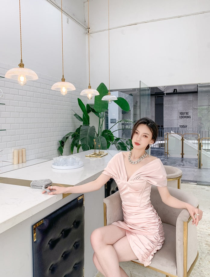 DOLLY Elegant V-Neck Short Sleeve Tube Top Slim Fit Pleated Short Date Dress-LITA