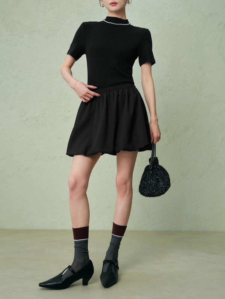 SUSHE three-dimensional flower bud elastic waist short skirt -PEARL