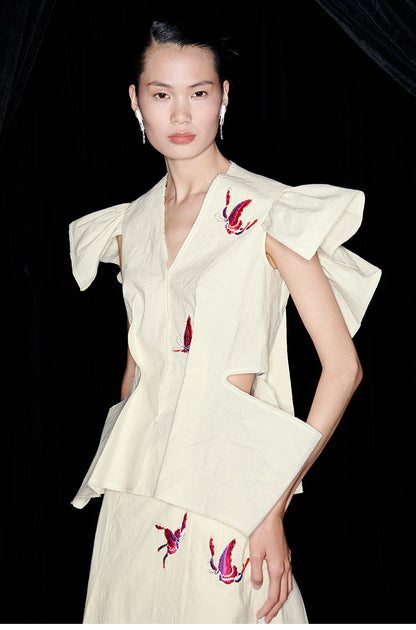 M essential Mackay designer butterfly-embroidered V-neck top skirt pants set - Amisa