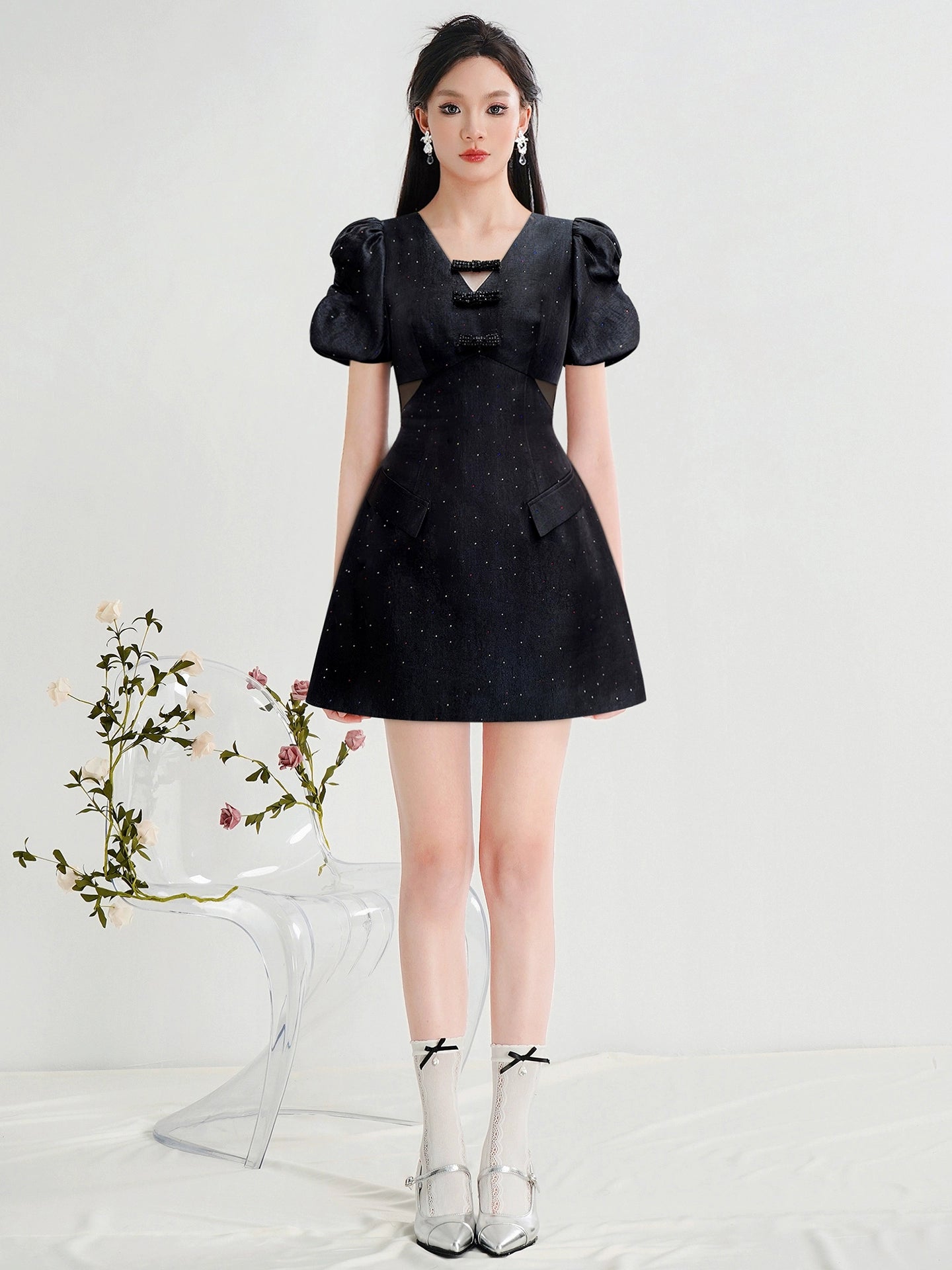 CHECOCRE Stubble design V-neck fashion high-waisted puff sleeve hot diamond craft dress -BOW.