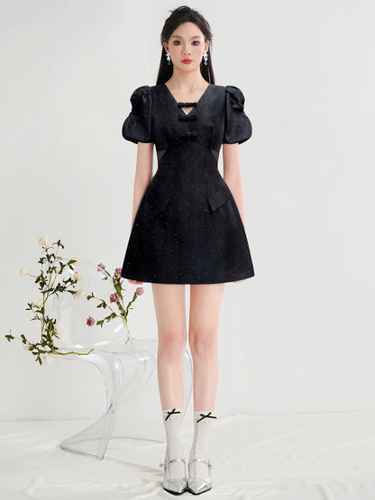 CHECOCRE Stubble design V-neck fashion high-waisted puff sleeve hot diamond craft dress -BOW.