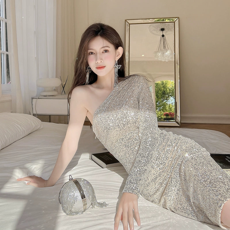 DOLLY Luxury Slant Collar Long Sleeve Sequin Slim Fit Backless Dress-IU
