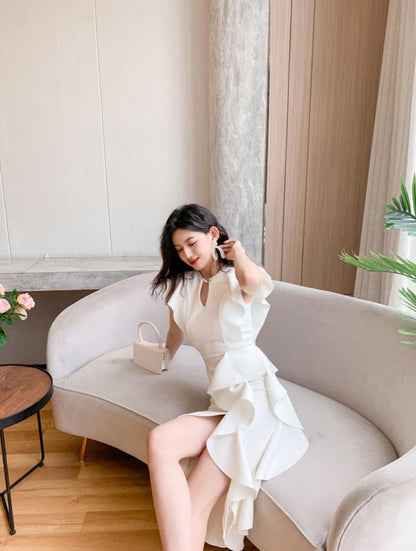 DOLLY Luxury V-Neck Short Sleeve High waist Slim Fit Irregular Hem Date Dress-LISA