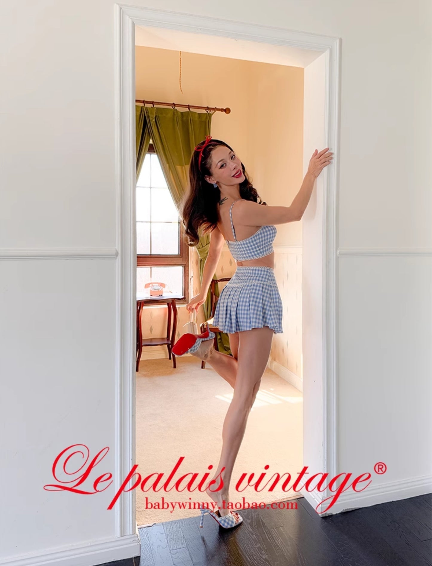 Le Palais Vintage  blue plaid kitten print short suspender pleated skirt-FASH.