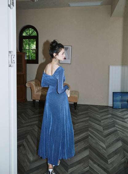 DOLLY Luxury Fog Blue Pleated Off Shoulder Slant Collar Long Sleeve Banquet Dress-MAYA