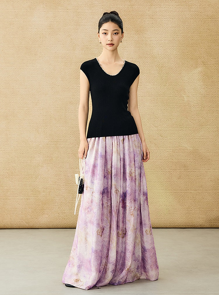 HECO Chinese style U-neck nail bead shoulder wrap small fly sleeve top - ROSE.