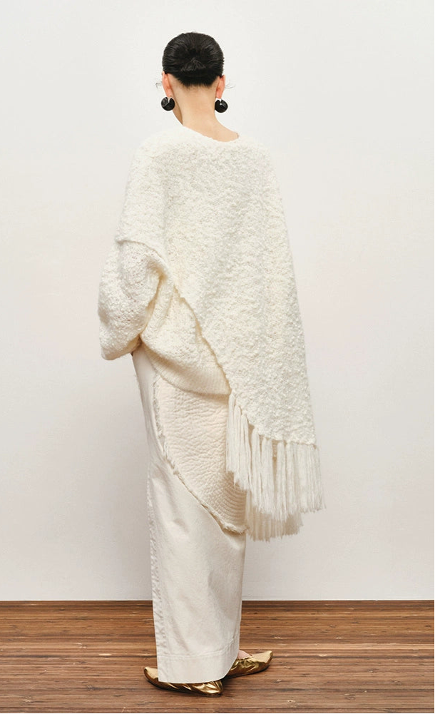 ZHUCHONGYUN crew neck edelweiss fringed knit cover-up shawl jacket-BROCADE.