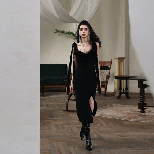 DOLLY Elegant Black French Style Body Shape Suspender Dinner Dress-LENA (V)