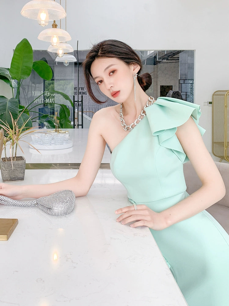 DOLLY Elegant Mint Green Slopping Shoulder Short Sleeve Long Wedding Guest Dress-RUKA