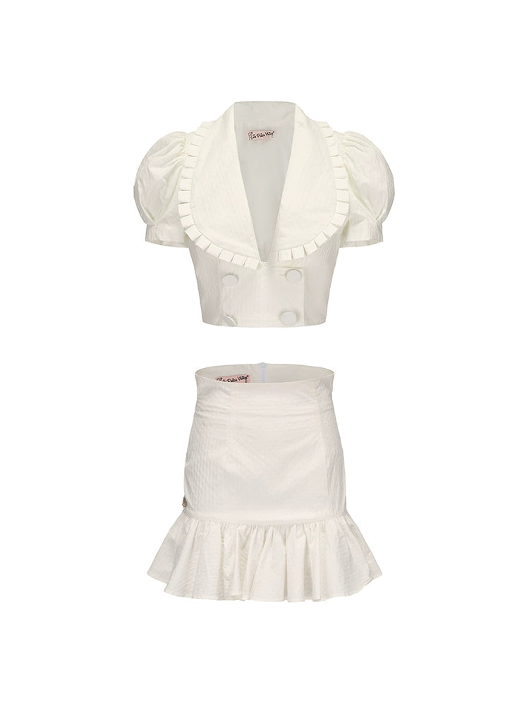 Le Palais Vintage French Girly Pure White Puff Sleeve Short Top and Ruffled Skirt-ASDA.