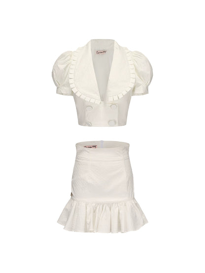Le Palais Vintage French Girly Pure White Puff Sleeve Short Top and Ruffled Skirt-ASDA.