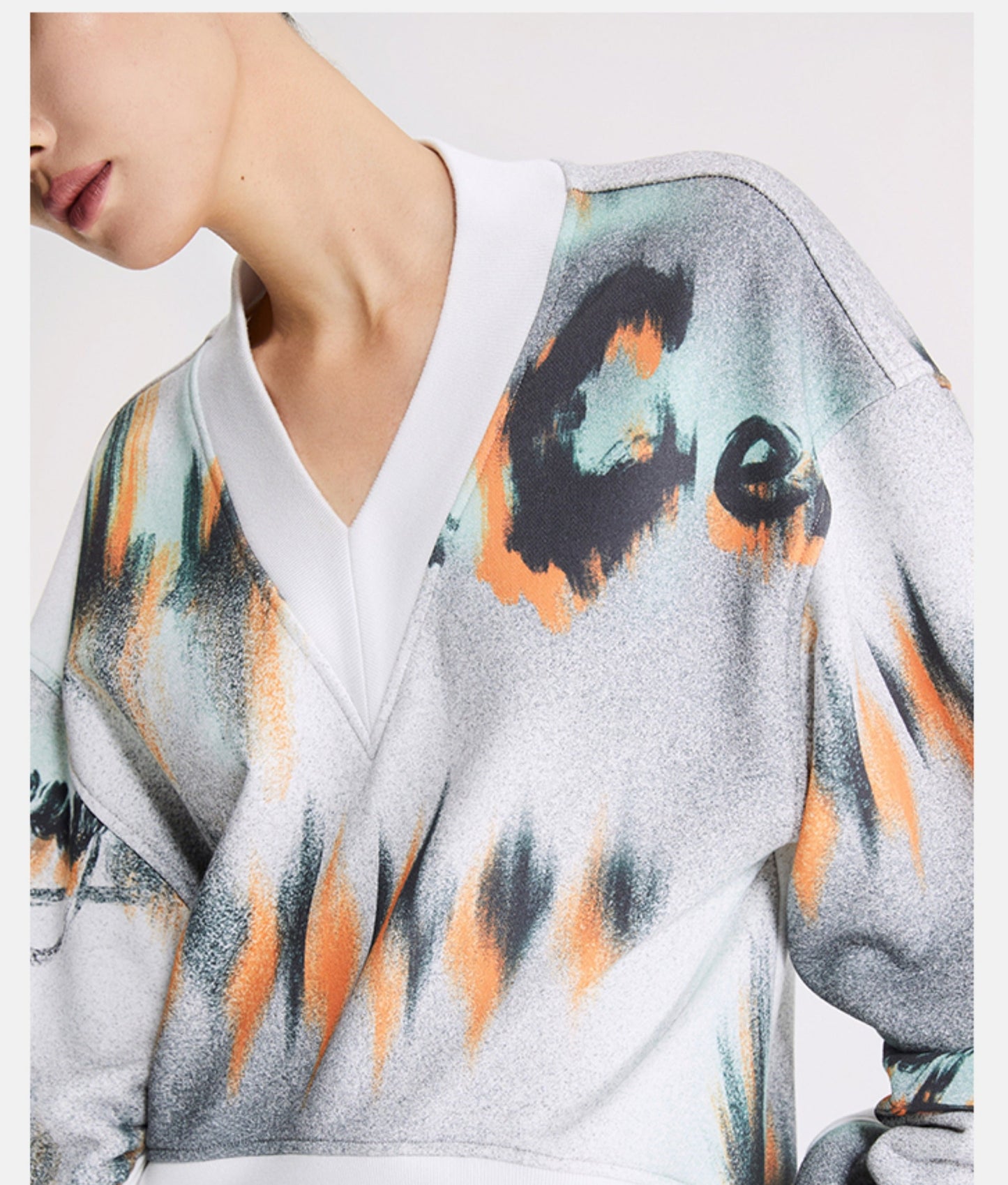 LEDIM W V-Neck printed sweatshirt stretch loose pullover top - Lolor