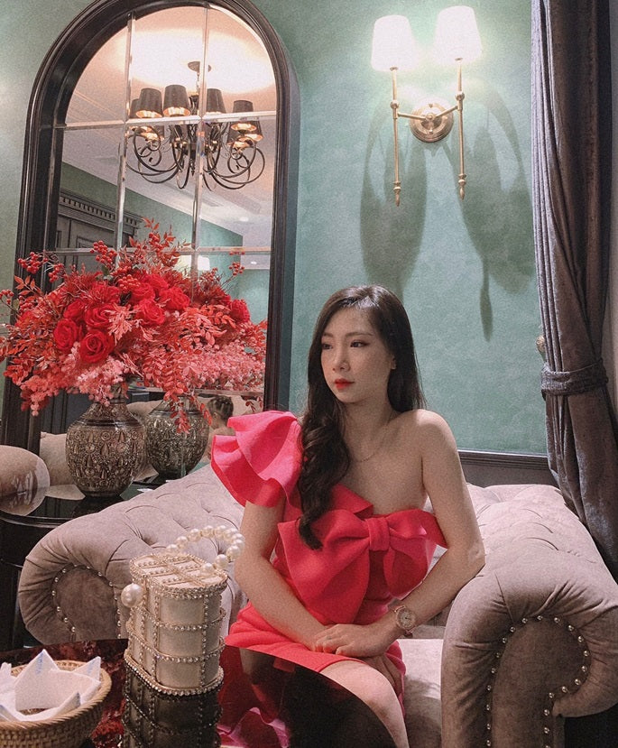 DOLLY Elegant French Style Pink Off Shoulder Big Bow Short Dinner Dress-JOMA