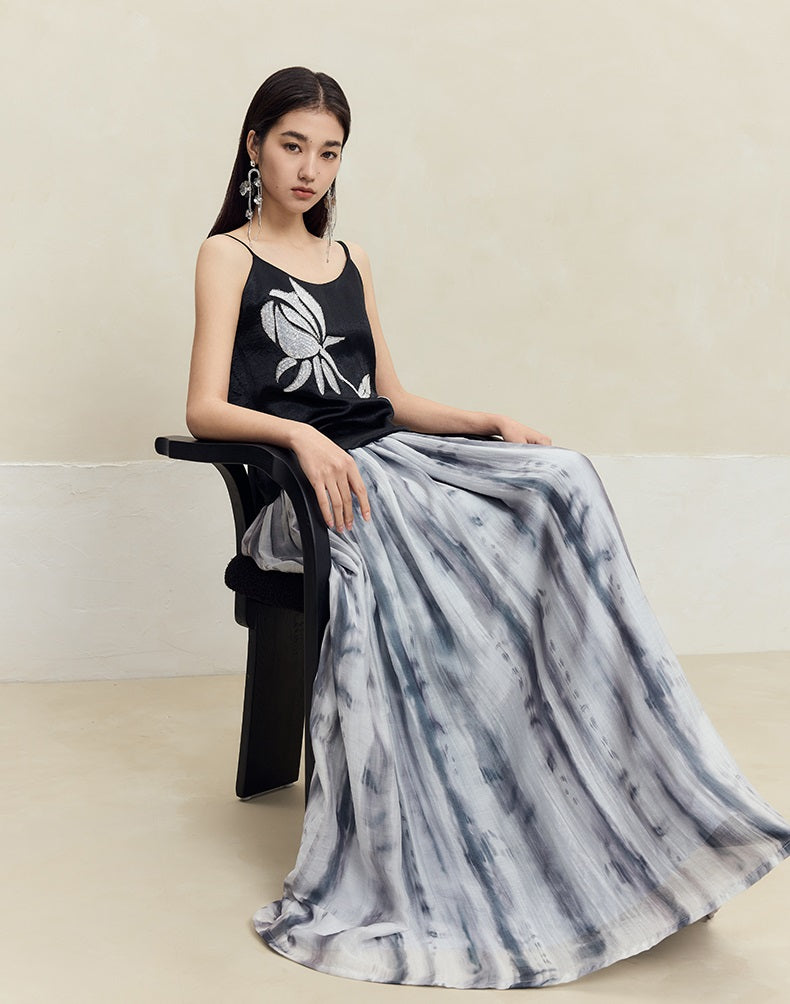 HECO tie-dye chiffon pleated long gray brown skirt women - all.