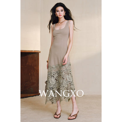 WANGXO High Stretch Knitted Stitching Neckline Slim Fit Three-Dimensional Split Sleeveless Dress - ELISE