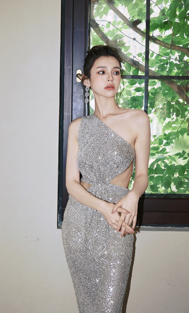 DOLLY Elegant Sliver One Shoulder Sleeveless Sparkling Slim Fit Sexy Dinner Dress-ALETA