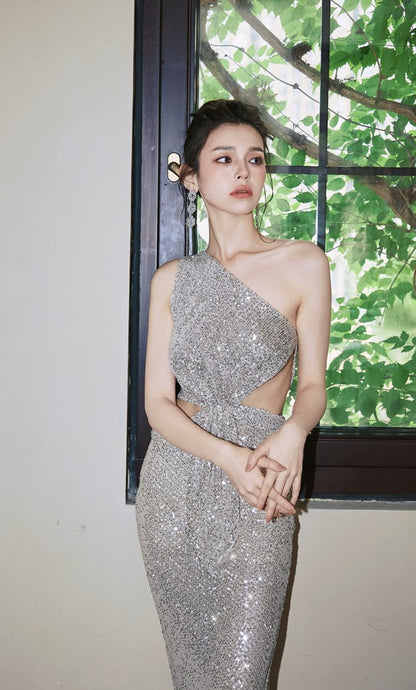 DOLLY Elegant Sliver One Shoulder Sleeveless Sparkling Slim Fit Sexy Dinner Dress-ALETA