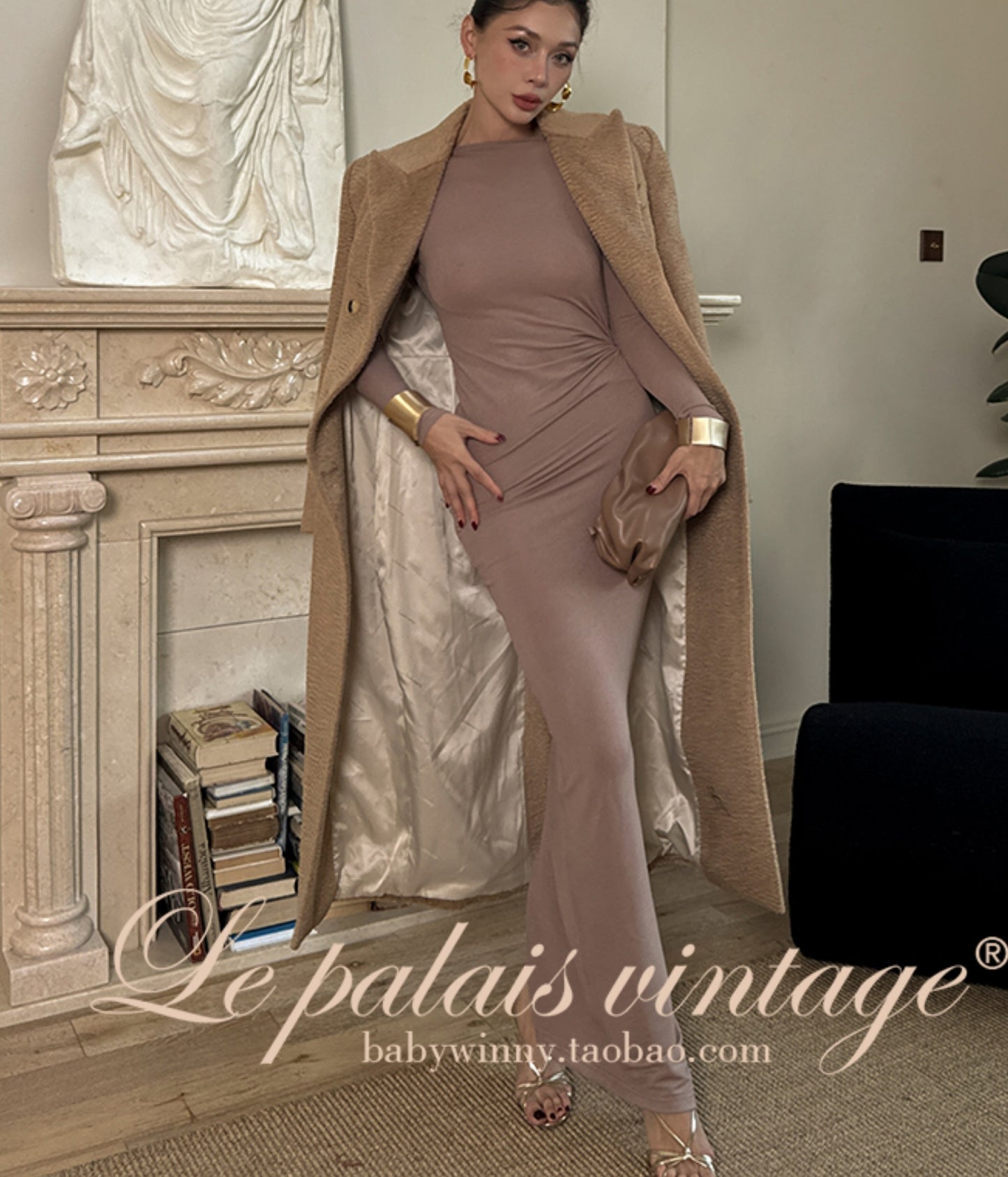 Le Palais Vintage Luxury Beige Suit Collar Long Sleeve Straight Long Winter Coat-KIKE.