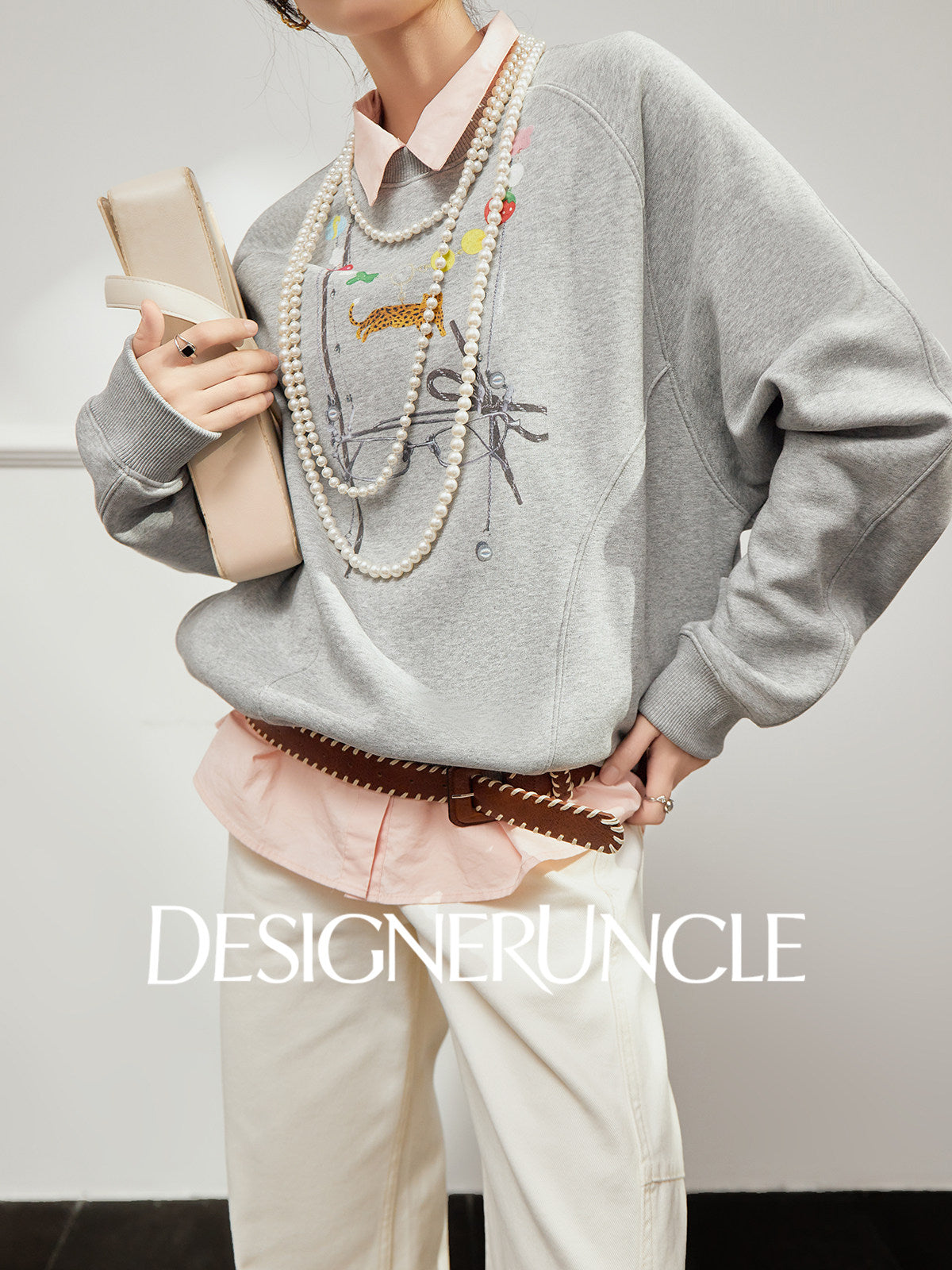 DGU×LAB "Airspace" gray crew neck loose lazy style printed top - HOLY