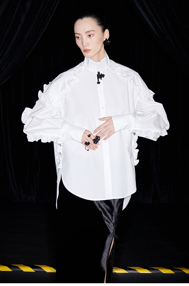 M essential Mackay designer white cotton three-dimensional ruffle trim shirt -  Tori.