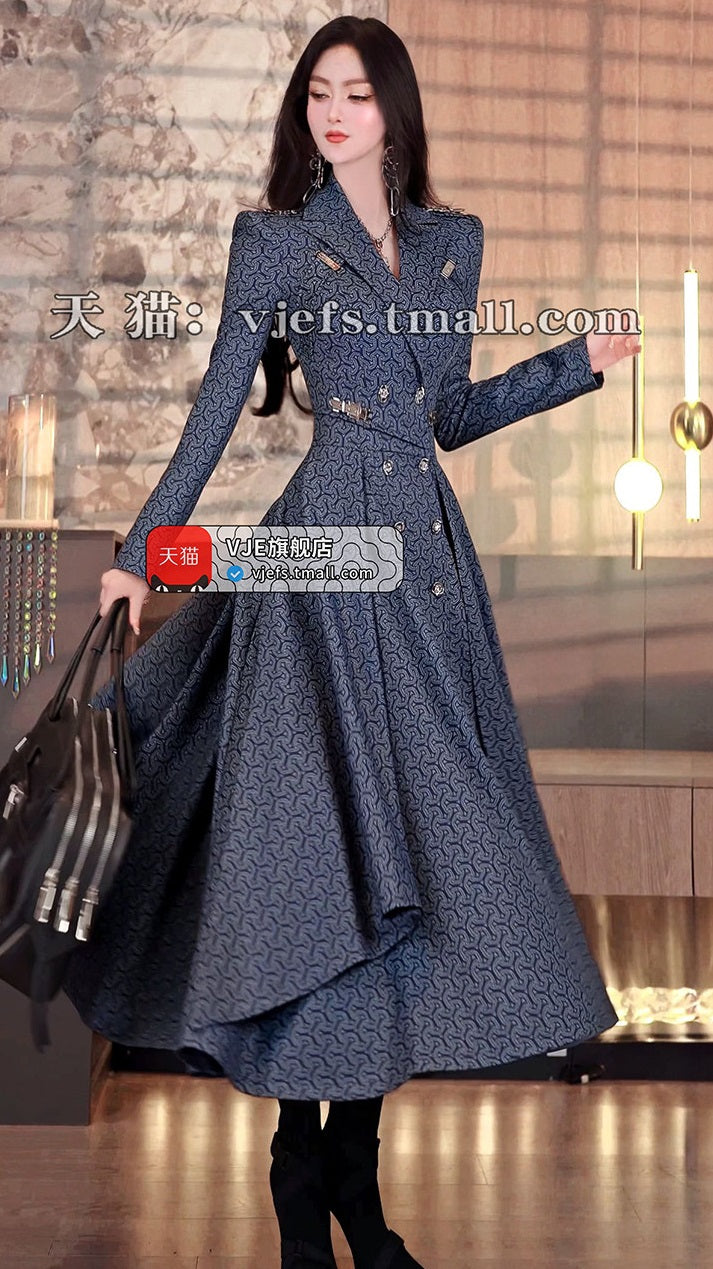 VJE Women's Printed Waist Mid-Length Double-breasted Trench Coat- JOJO.