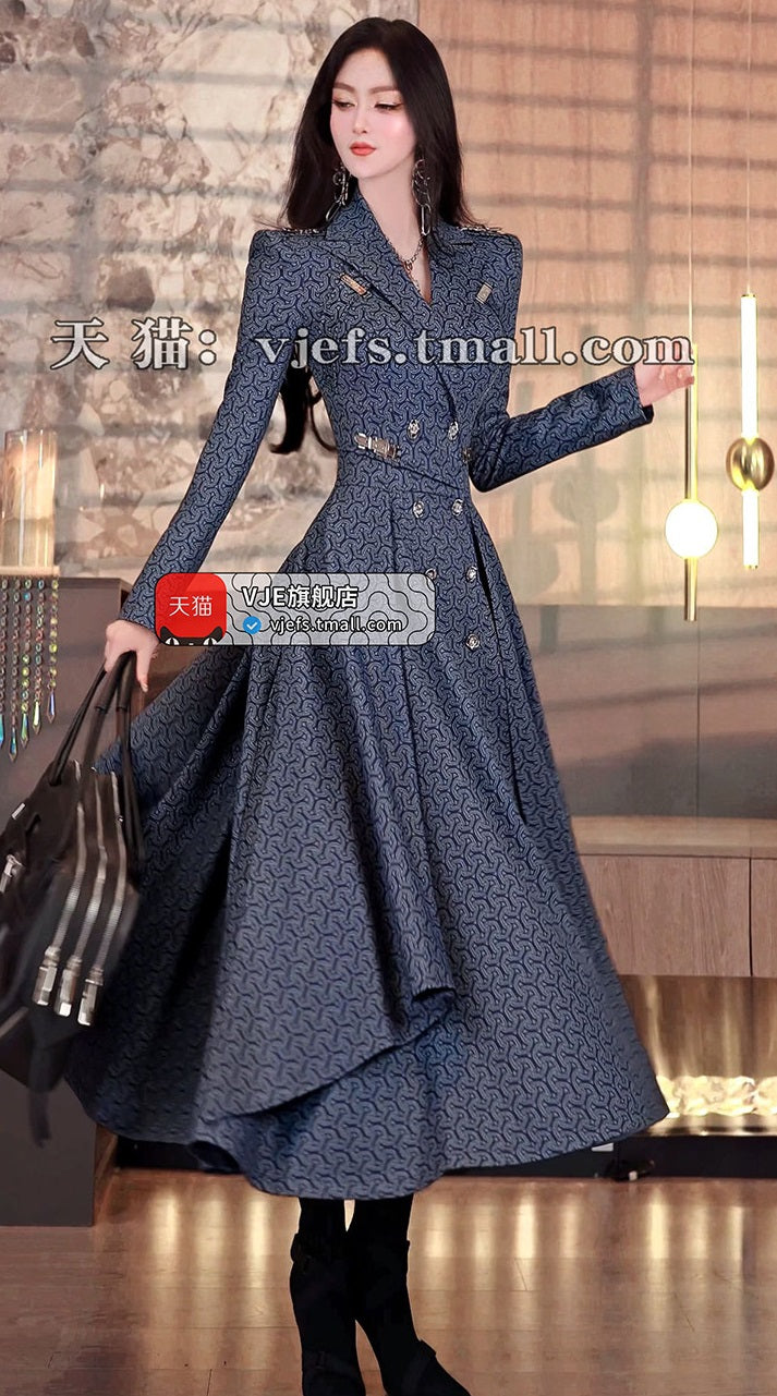 VJE Women's Printed Trench Coat Waist Double-breasted Jacket-JOJO.