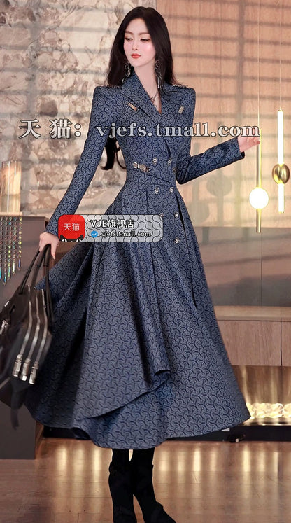 VJE Women's Printed Trench Coat Waist Double-breasted Jacket-JOJO.