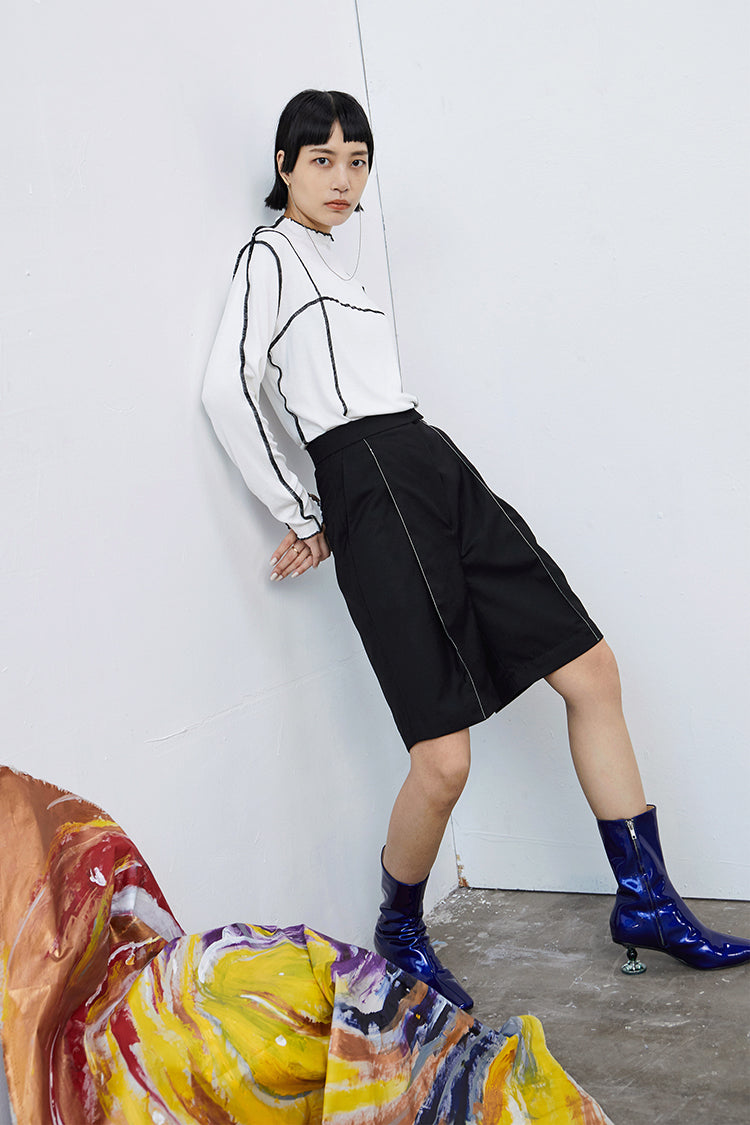 TINY IN women's open-line high waist black white shorts-MAN