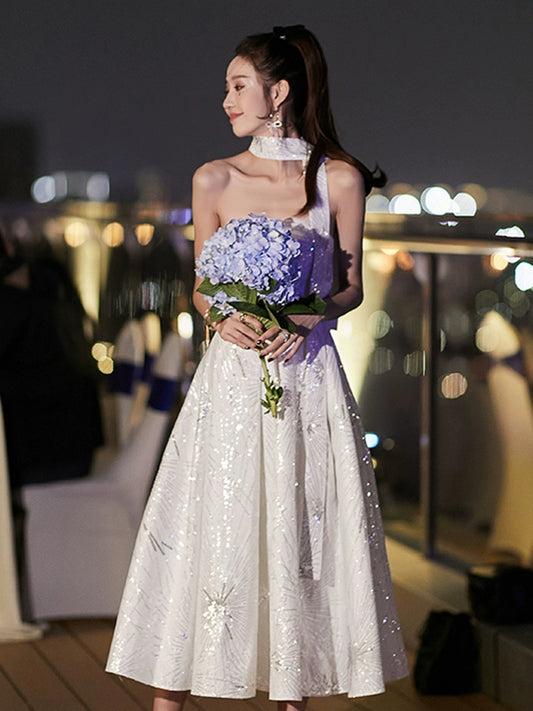 Wardrobes by Chen Elegant White Sleeveless Ribbon Midi Wedding Dress-Fanny