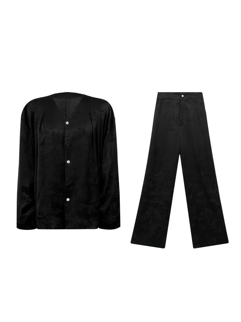 HECO Shan Ting Acetate Jacquard Suit Loose black yellow Top Pants Women - favour.