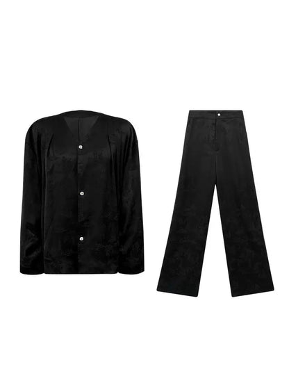 HECO Shan Ting Acetate Jacquard Suit Loose black yellow Top Pants Women - favour.