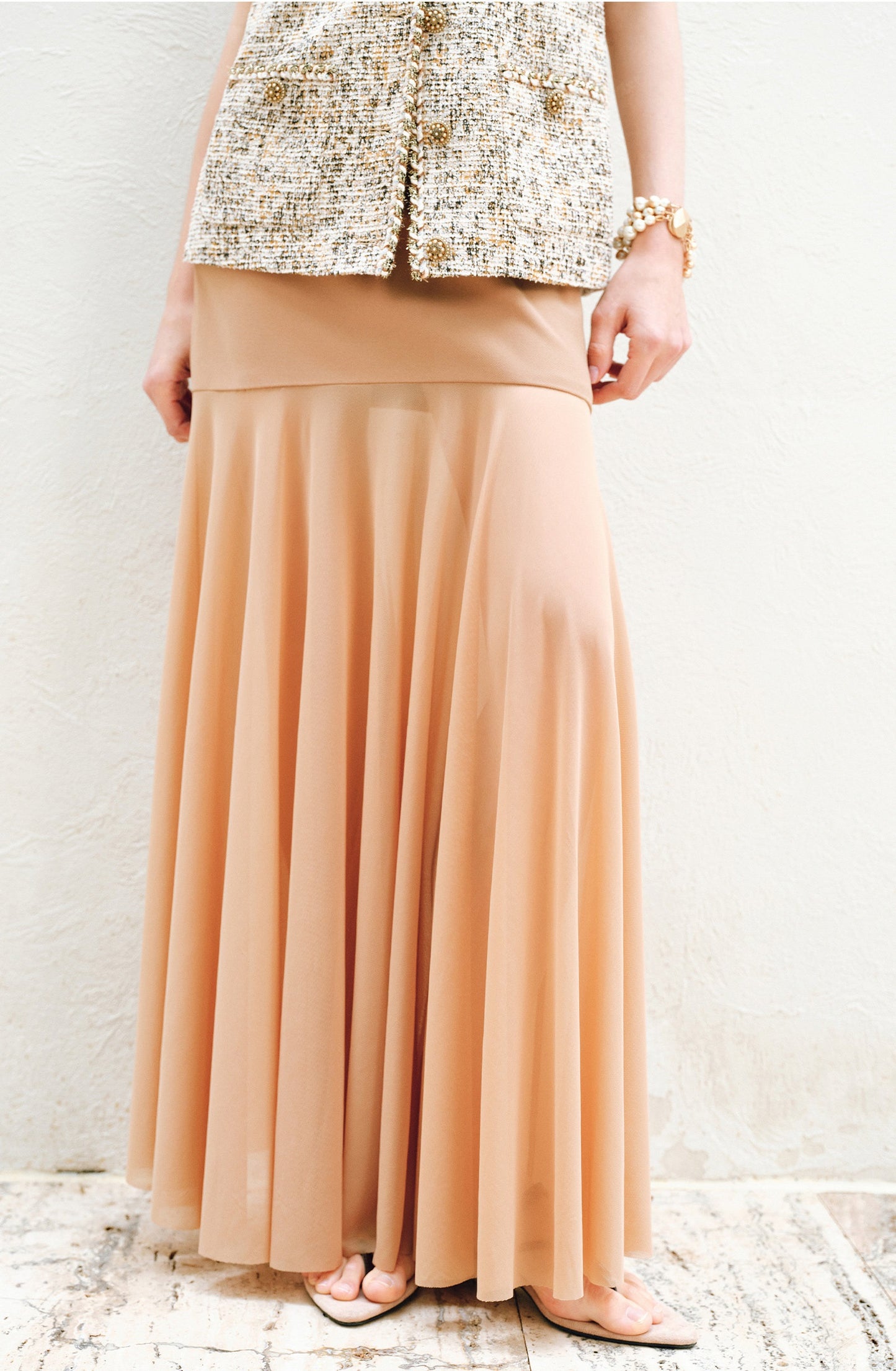 WANGXO | Twill Roman Knit with Lightweight Sheer Paneling  A-Line Hem Flowing Skirt  -RAYA
