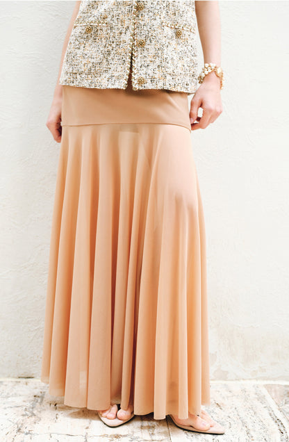 WANGXO | Twill Roman Knit with Lightweight Sheer Paneling  A-Line Hem Flowing Skirt  -RAYA