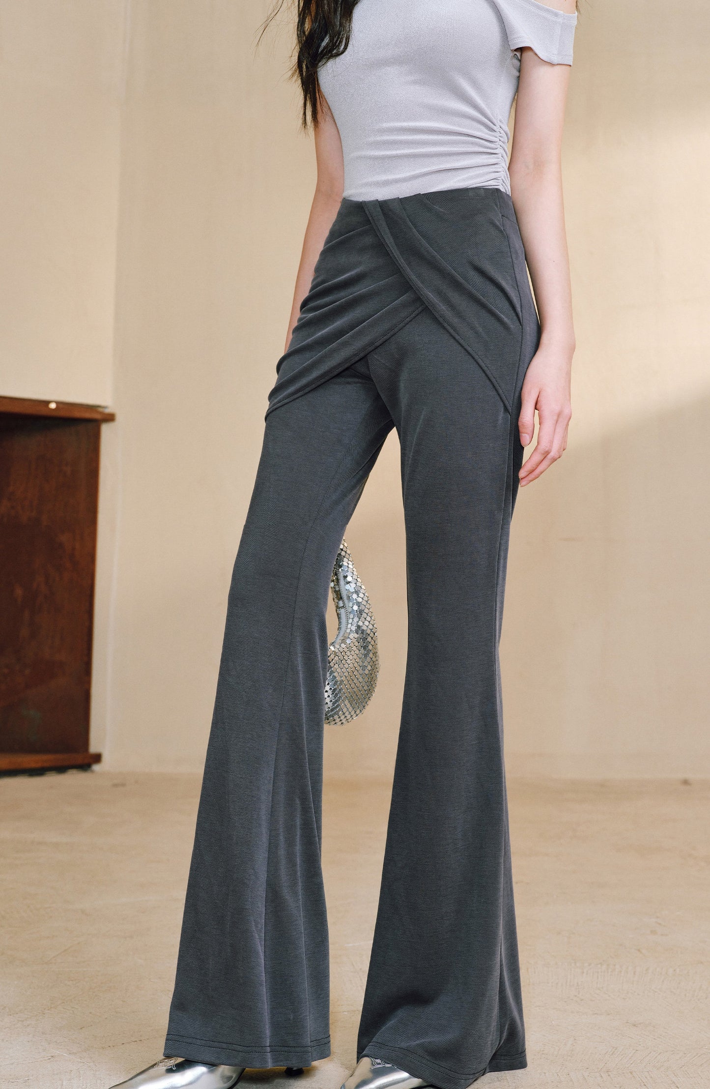 WANGXO Smooth Modal Cupro Beads Low-Waisted Slim Flared Layered Pants - SELMA