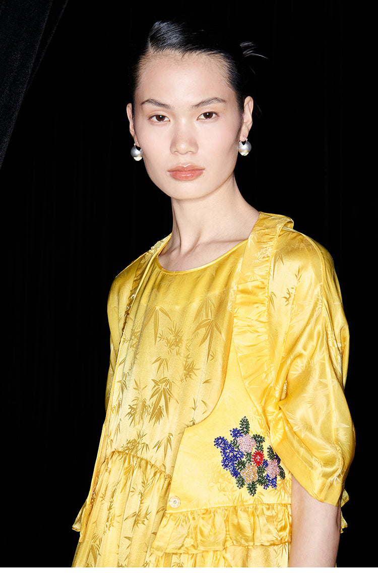 M essential Mackay designer Pine yellow jacquard short-sleeved tower fll dress- Abyn.