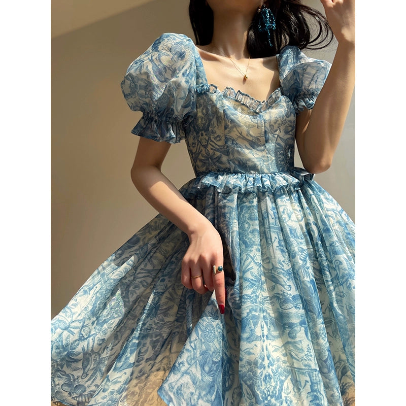Aconiconi Elegant Blue French Print Short Princess Dress- Blue Ocean Whisper S / Blue Aconiconi Elegant Blue French Print Short Princess Dress- Blue Ocean Whisper S / Blue