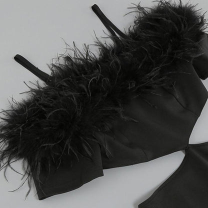 DOLLY Luxury Black Feather Tube Top Waist Baring Slim Fit Long Cocktail Dress-JAJA