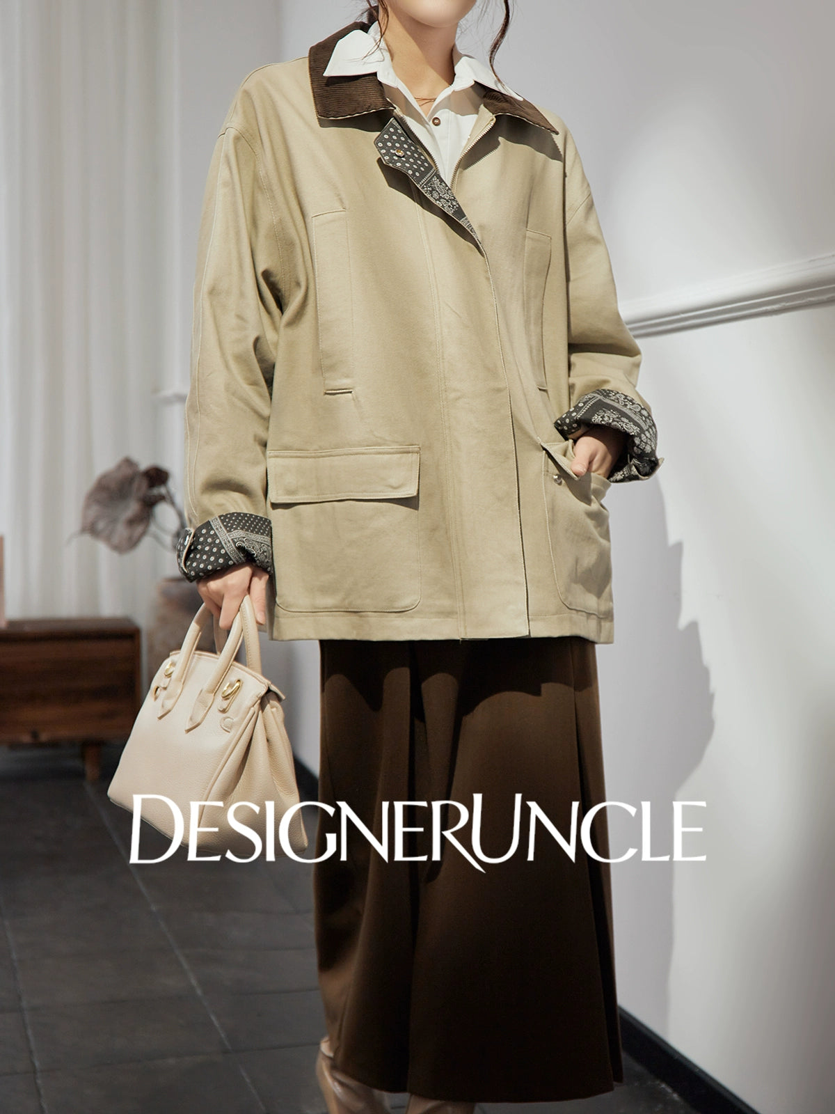 DGU "Mu Brown" retro khaki jacket retro loose slimming versatile top - Wilhelmina.